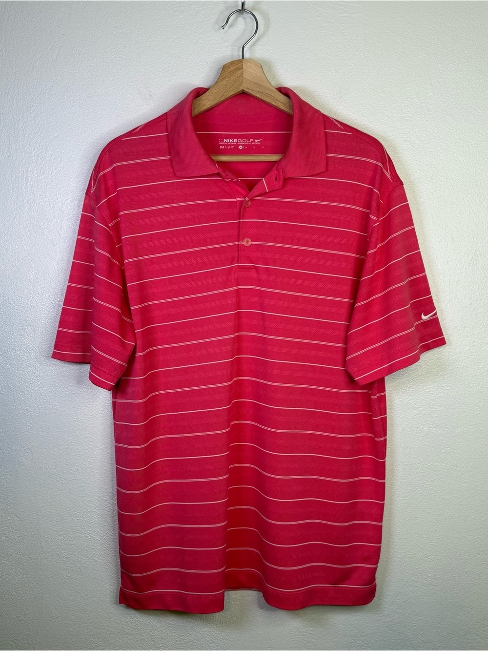 Nike Golf Dri-FIT Tour Performance Horizontal Pink/White Striped Polo Shirt, Med